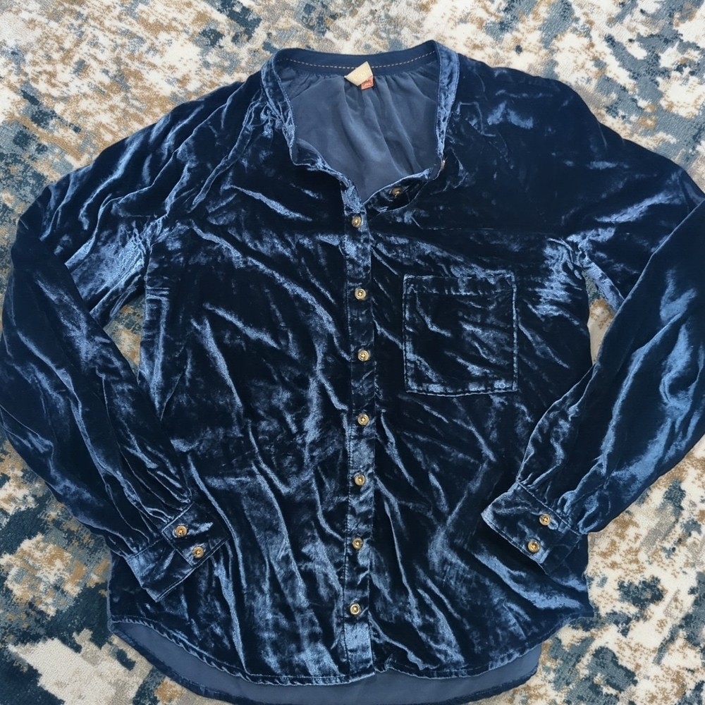Pilcro Navy Midnight Blue Velvet Button-Up Shirt - Women's Small Holiday Party